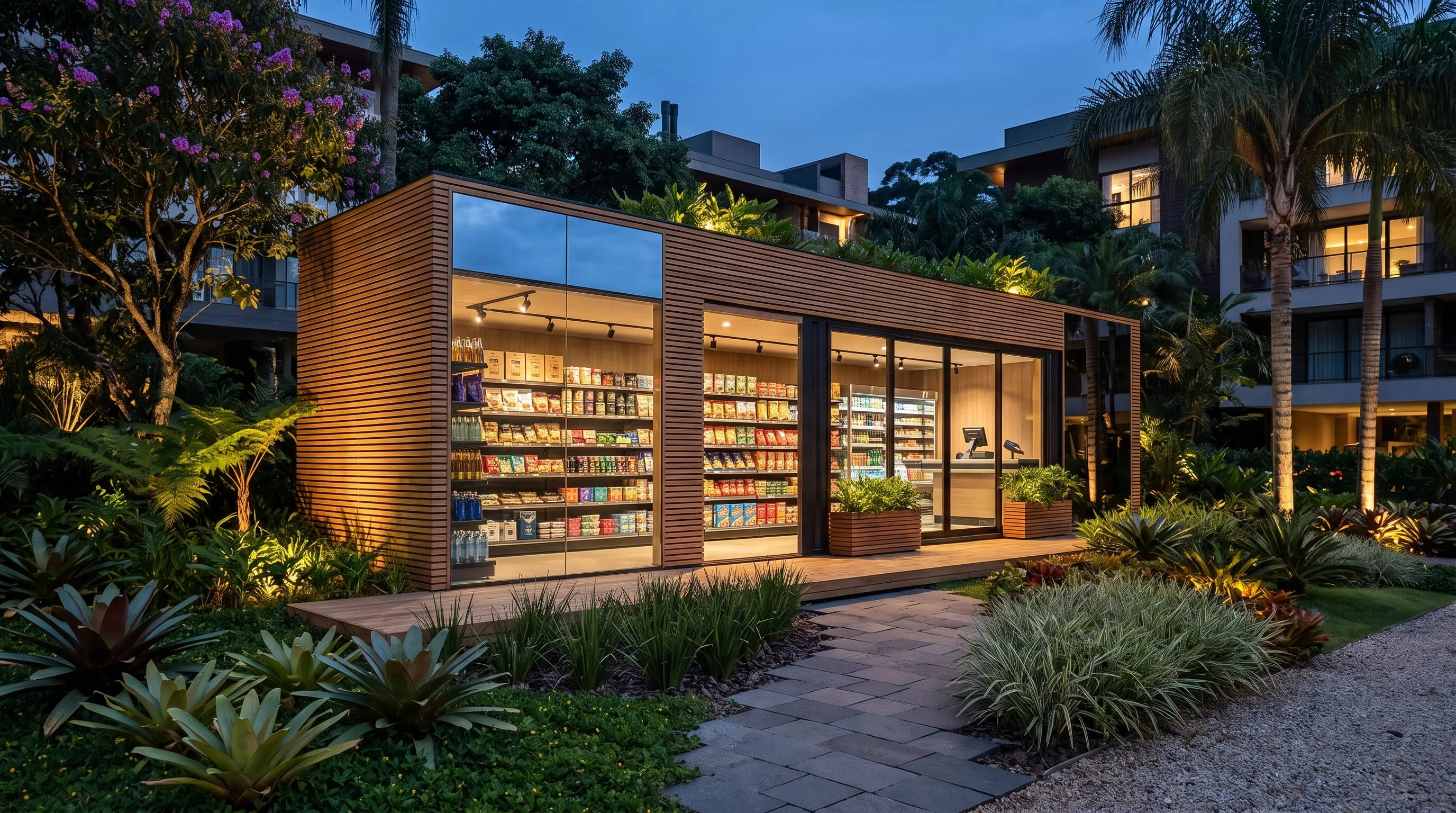 Container Premium com acabamento amadeirado, integrado ao paisagismo