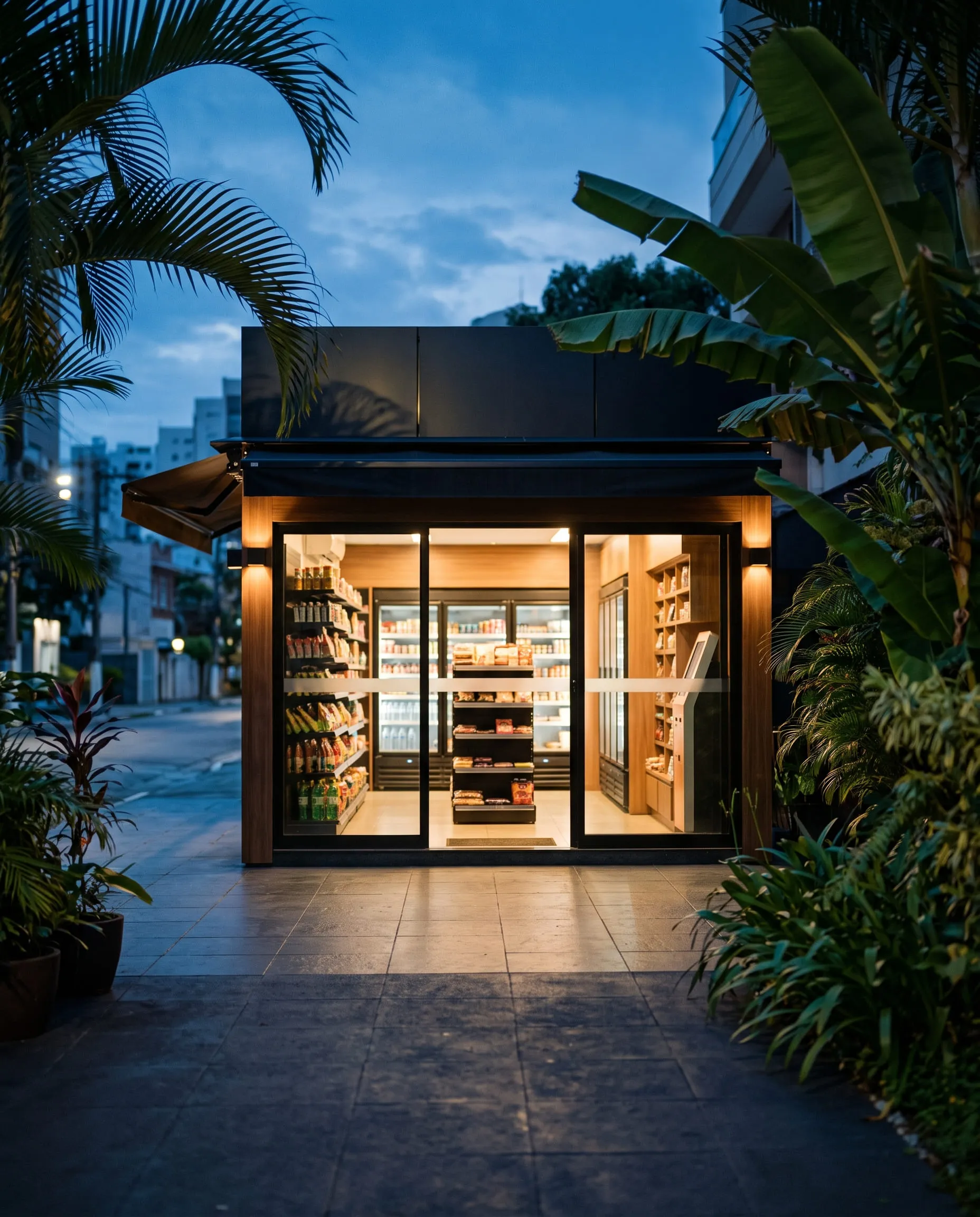 Ambiente de uma loja FlashBox em plano aberto, com prateleiras e geladeiras